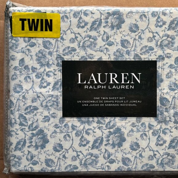 Ralph Lauren Twin Size BLUE FLORAL Cotton Sheet Set 100% percale cotton